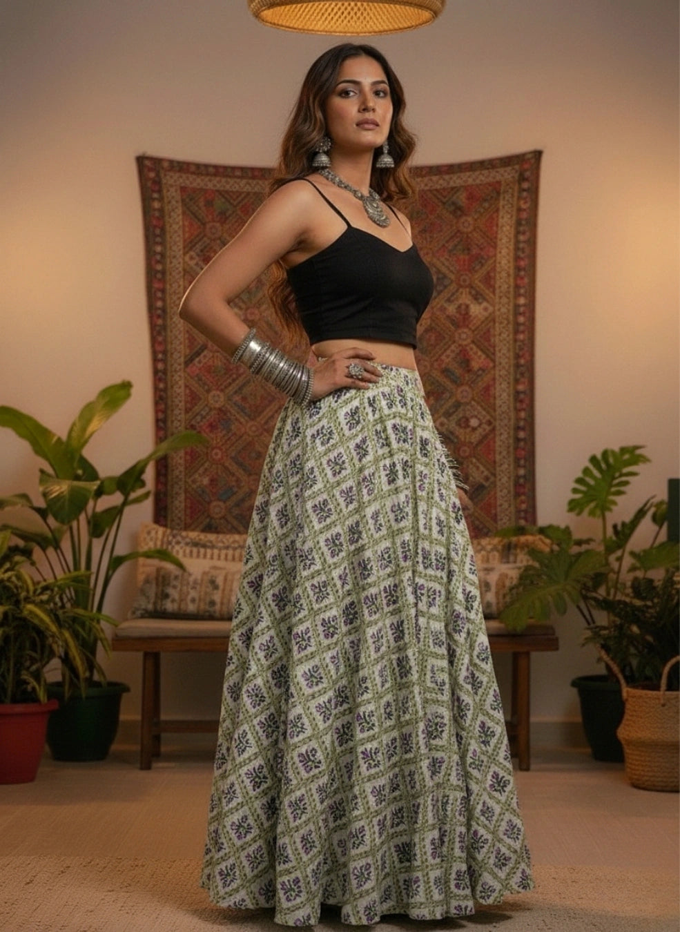 Women White Ethnic Printed Cotton Maxi Skirt