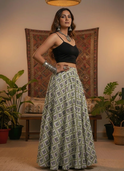 Women White Ethnic Printed Cotton Maxi Skirt