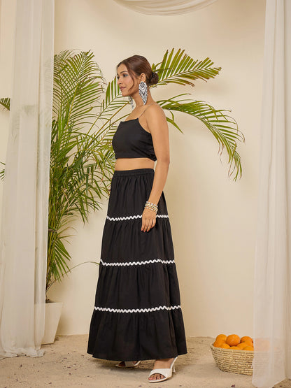 Black Cotton Lace Detailing Crop Top with Skirt Co-ord Set