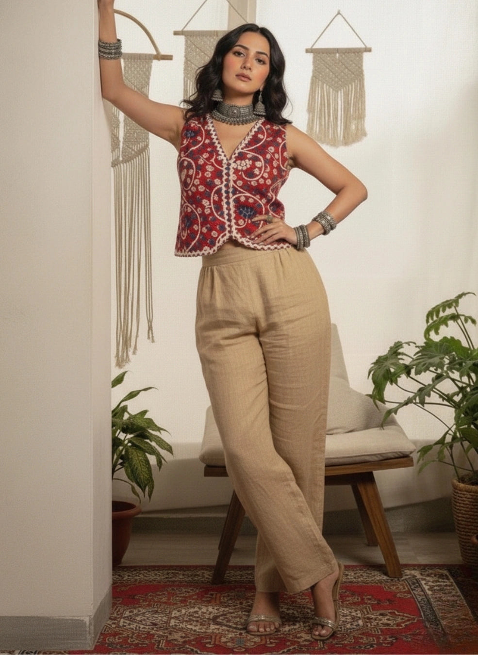 Women Red Lace Detailing Waistcoat Top