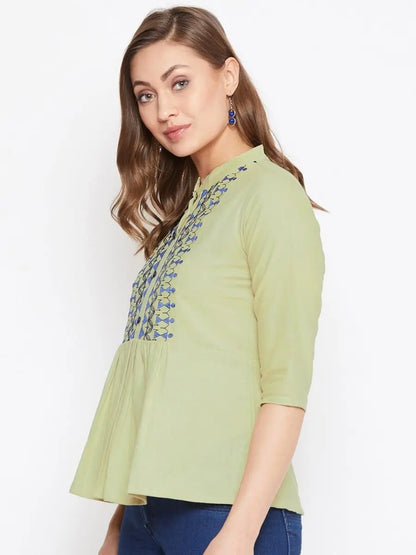winered-light-green-embroidered-cotton-empire-waist-top