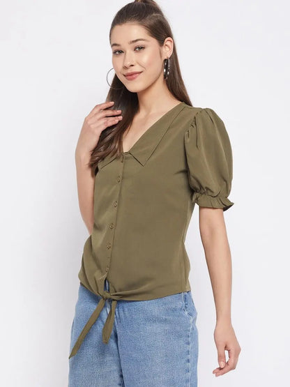winered-dark-green-solid-polyester-shirt-style-top