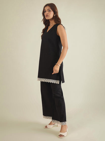 women-black-cotton-poplin-lace-detailed-tunic-with-pant-co-ord-set