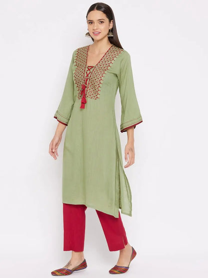 winered-green-a-line-rayon-embroidered-kurta