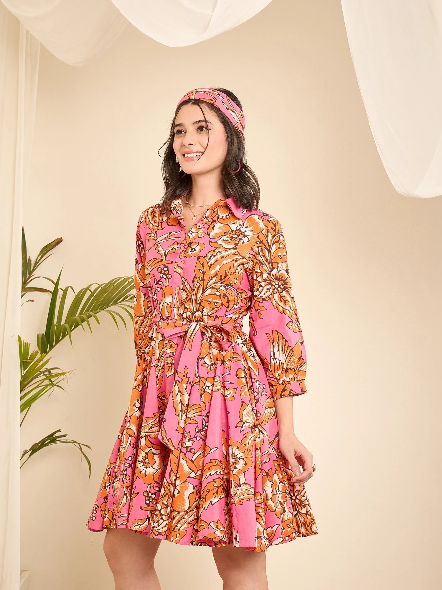 winered-pink-floral-print-godet-flared-dress