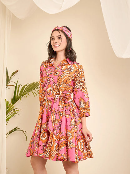 winered-pink-floral-print-godet-flared-dress