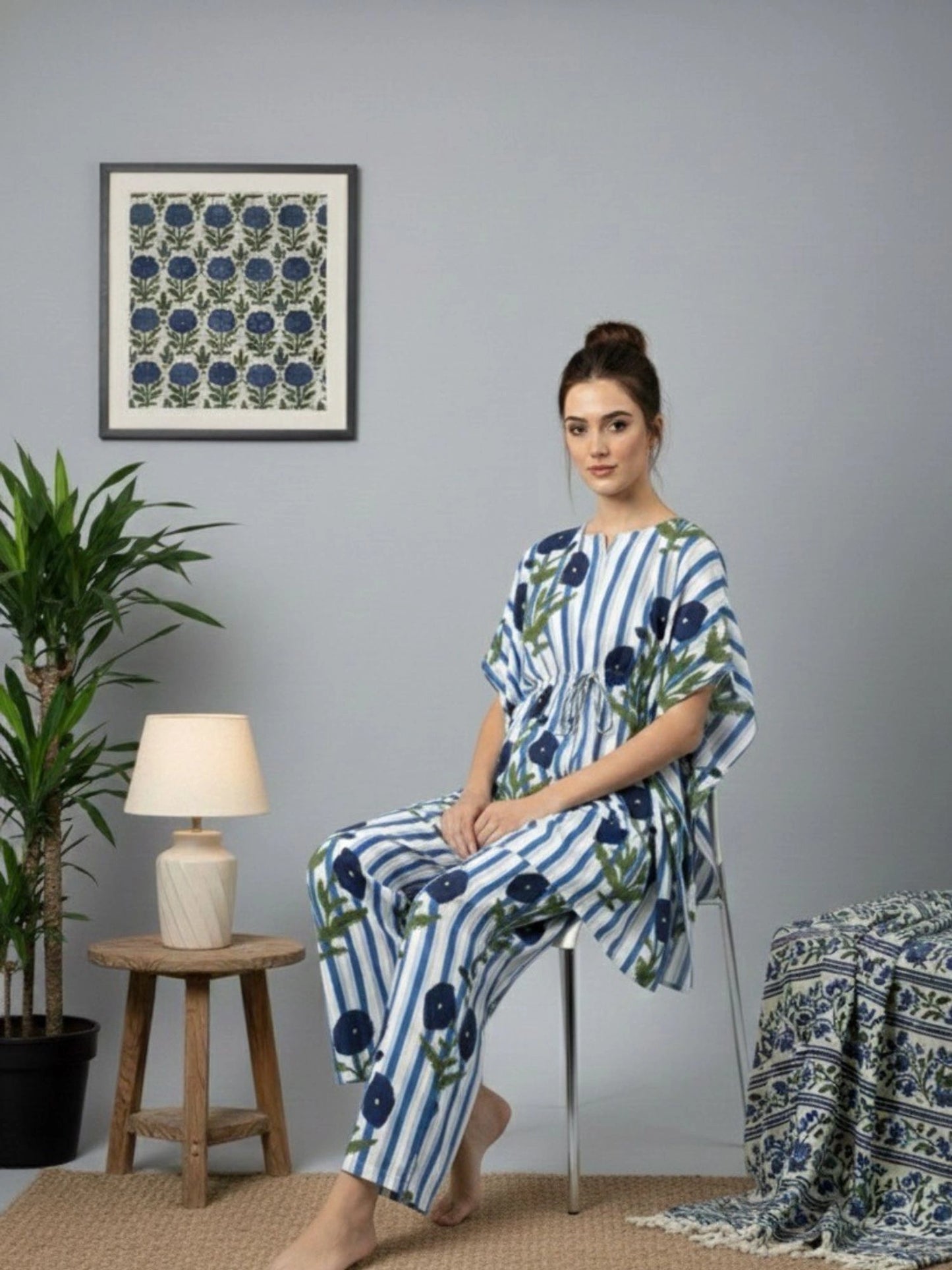 Women Blue Floral Kaftan Night-Suit Set