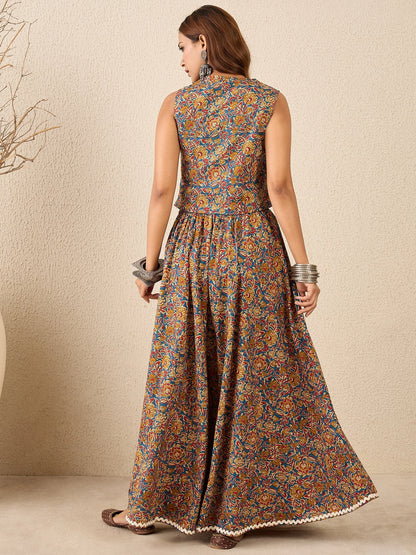 Women Printed Cotton Lace detailing Waistcoat with Skirt Co-ord Set