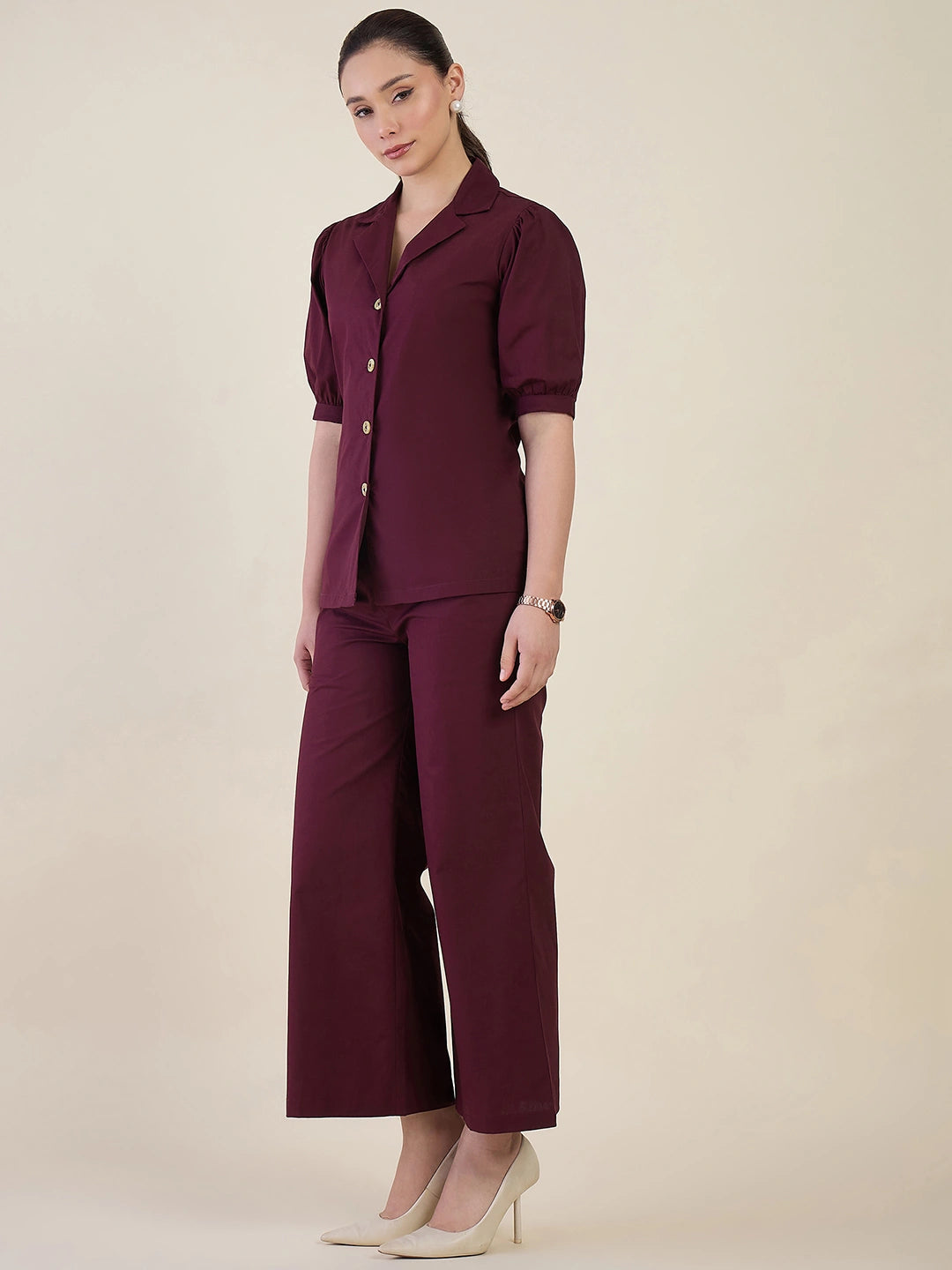 Women Burgundy Puff Sleeves Co-ord Set