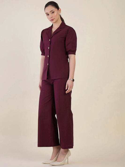 Women Burgundy Puff Sleeves Co-ord Set