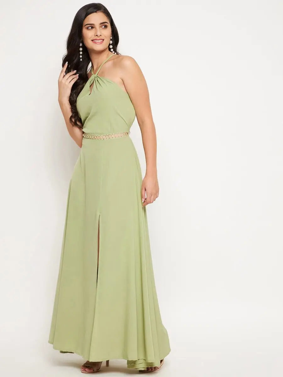winered-light-green-long-dress-with-lace-at-waist-dress