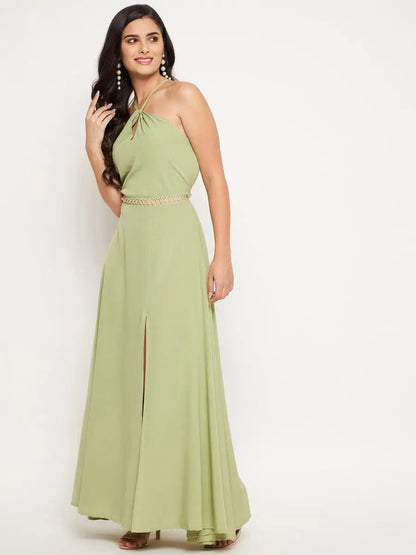 winered-light-green-long-dress-with-lace-at-waist-dress