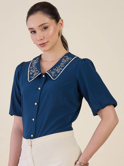 Women Blue Embriodered Collar Puff Sleeve Top