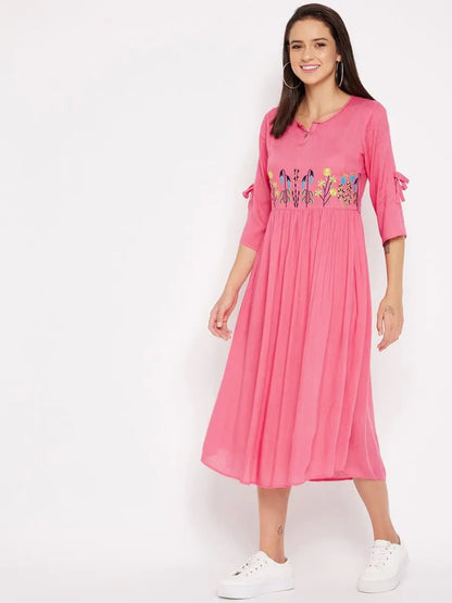 winered-pink-gathered-rayon-embroidered-dress