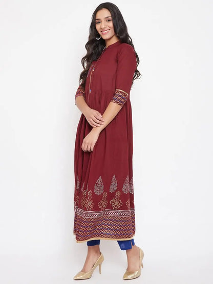 winered-maroon-flared-cotton-printed-kurta