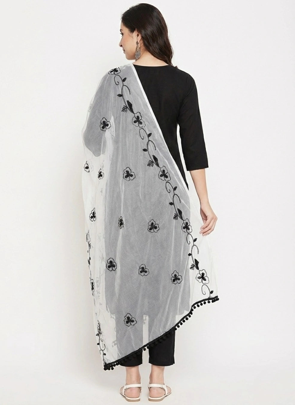 Women's Black Embroidered Cotton Kurta Set with Dupatta