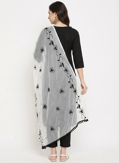 Women's Black Embroidered Cotton Kurta Set with Dupatta