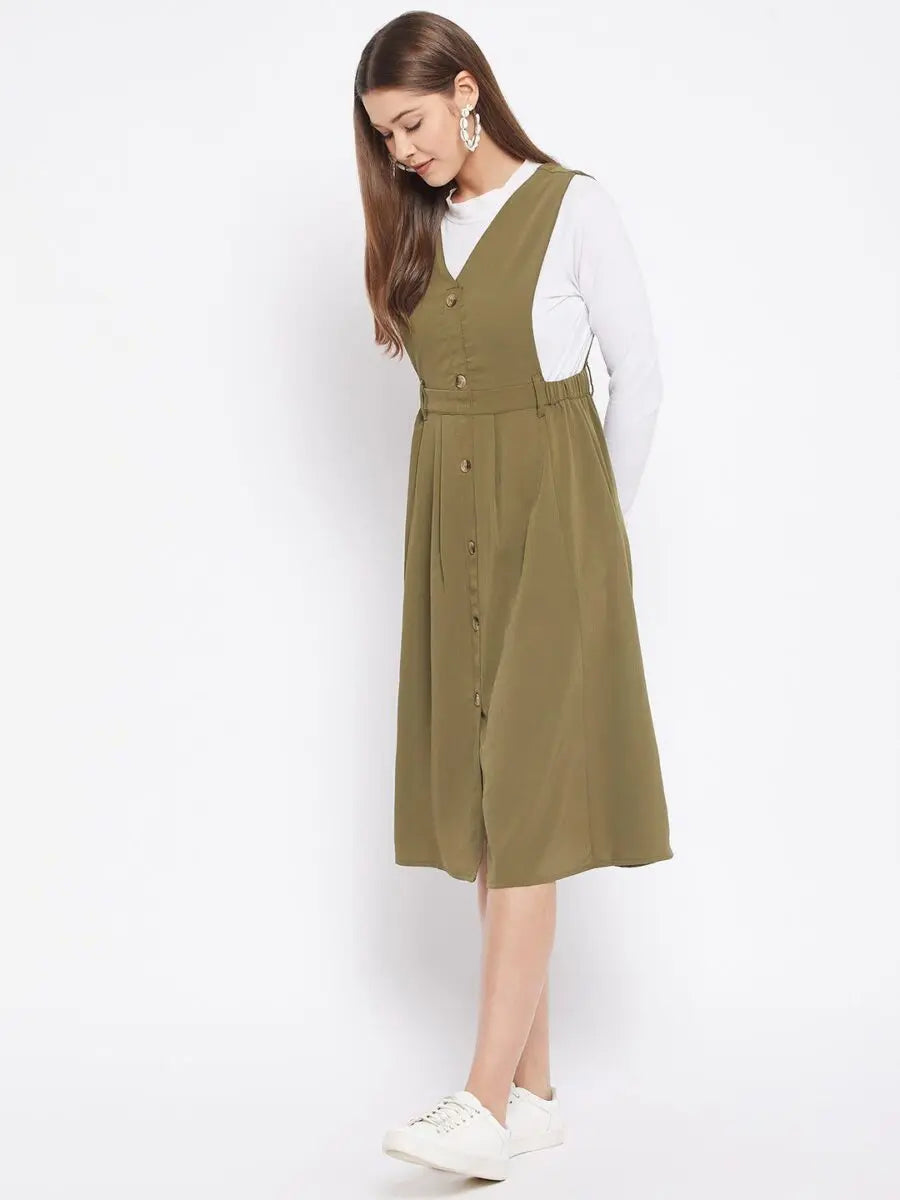 winered-green-pinafore-crepe-solid-dress