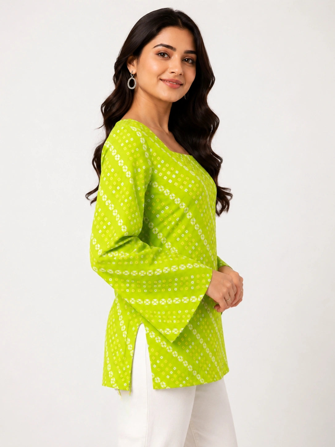 Women's Green Printed Corset Style Short Kurti with Square Neck, Full Bell Sleeves and Adjustable Back Tie-Up for Casual Wear