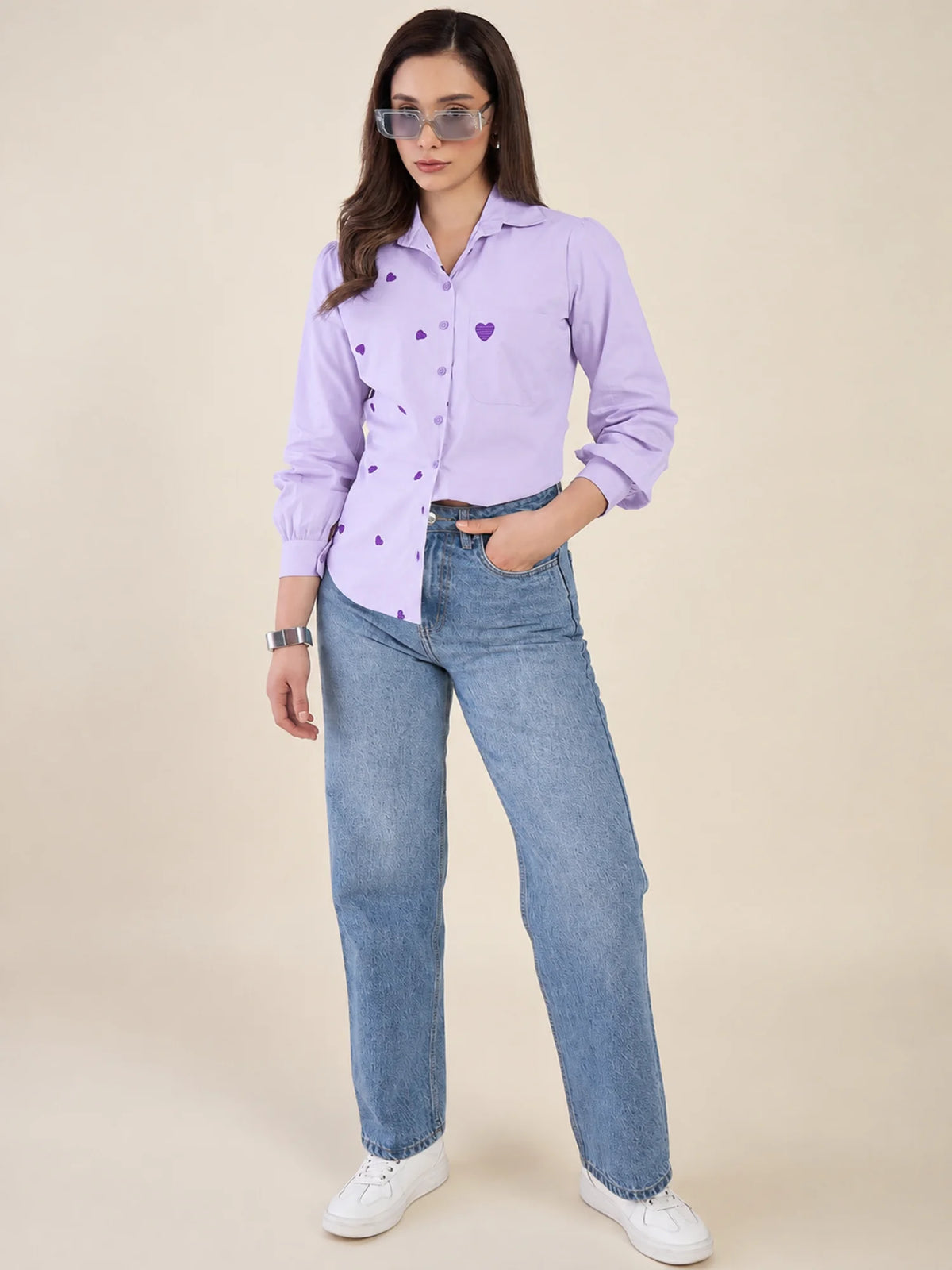Women Lavender Heart Embroidered Casual Shirt