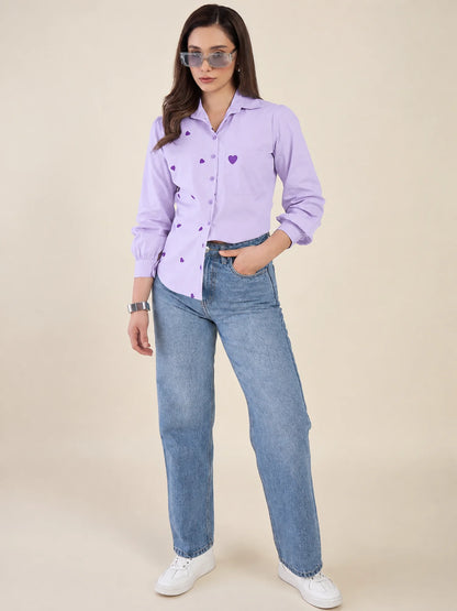 Women Lavender Heart Embroidered Casual Shirt