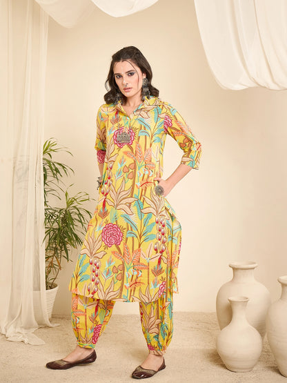 yellow-printed-collared-pathani-kurta-set