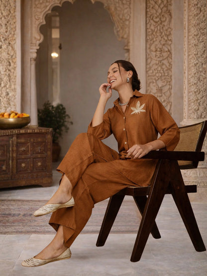 Women Solid Rust Leaf Embroidery Co-Ord Set