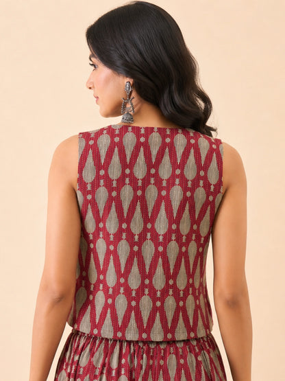 Women's Maroon Ikat Printed Sleeveless V-Neck Button Front Waistcoat Style Top | Regular Fit | Casual, Office & Everyday Wear