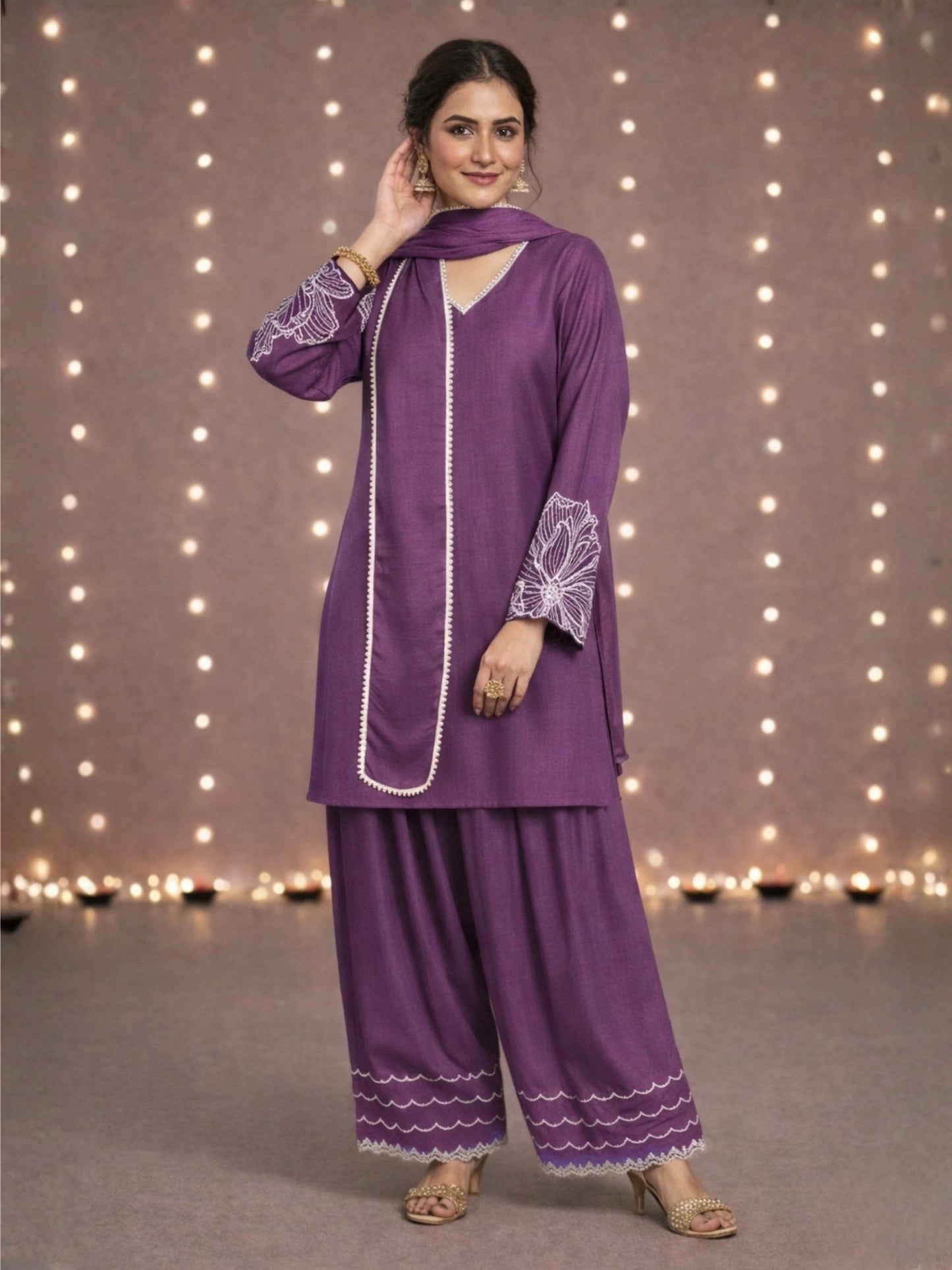 Women's Purple Embroidered Kurti & Farshi Salwar set