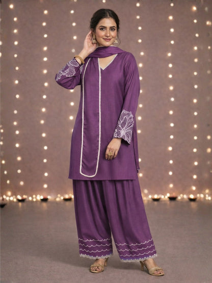 Women's Purple Embroidered Kurti & Farshi Salwar set