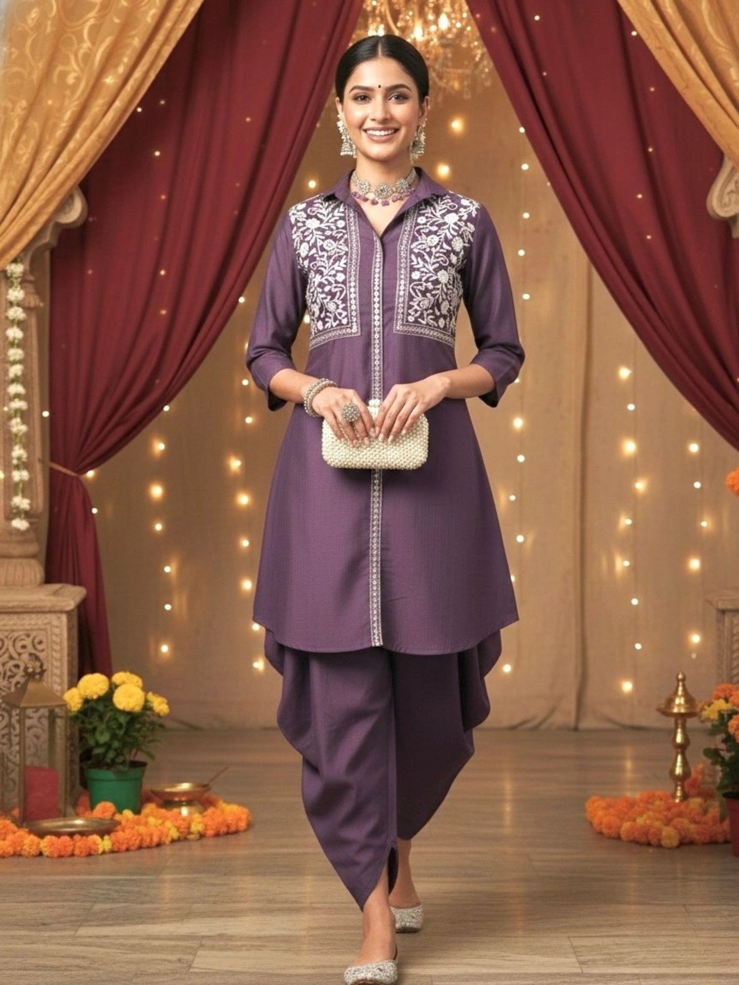 Women Purple Embroidered Tunic with Harem Salwar Coord Set