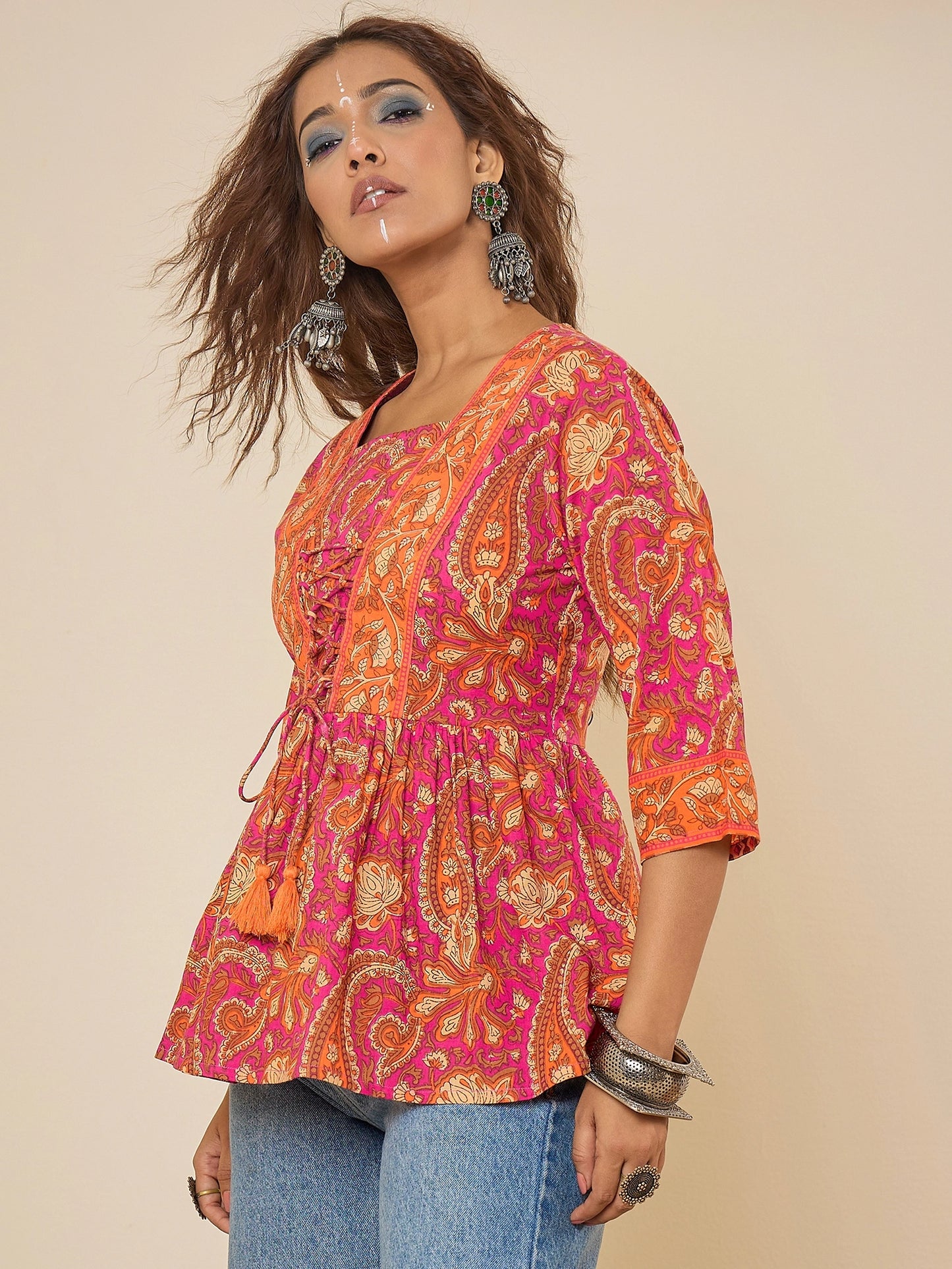 Women Cotton Pink Printed Bodered Peplum Top