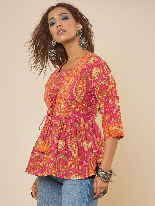 Women Cotton Pink Printed Bodered Peplum Top