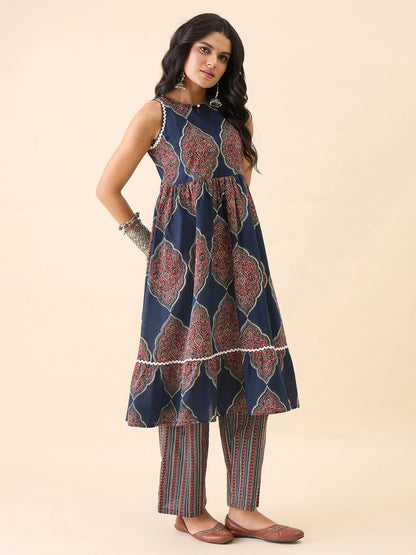 WineRed Women's Navy Blue Printed Sleeveless A-Line Kurta with Pant Set