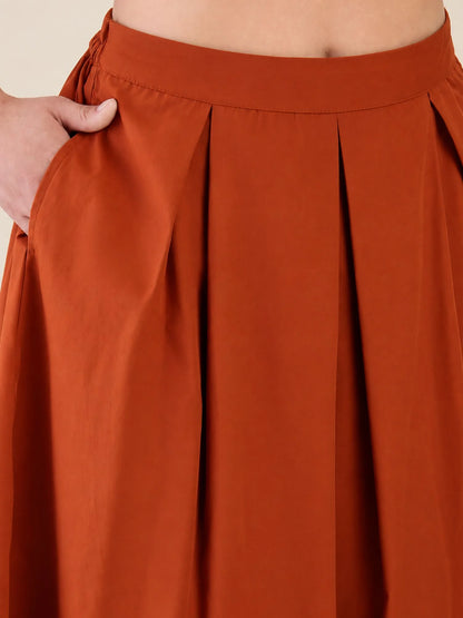 Women Solid Pleated Midi Skirt