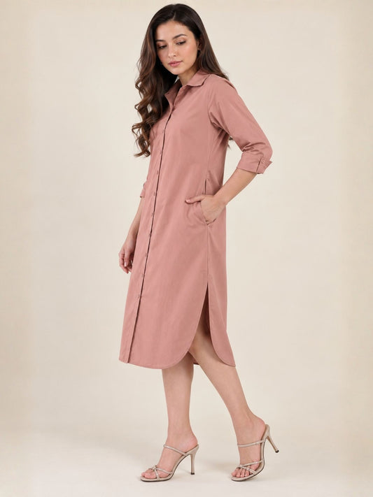 Women's Peach Shirt Dress | Shirt Collared Neck | Button Down Midi Dress with Waist Belt