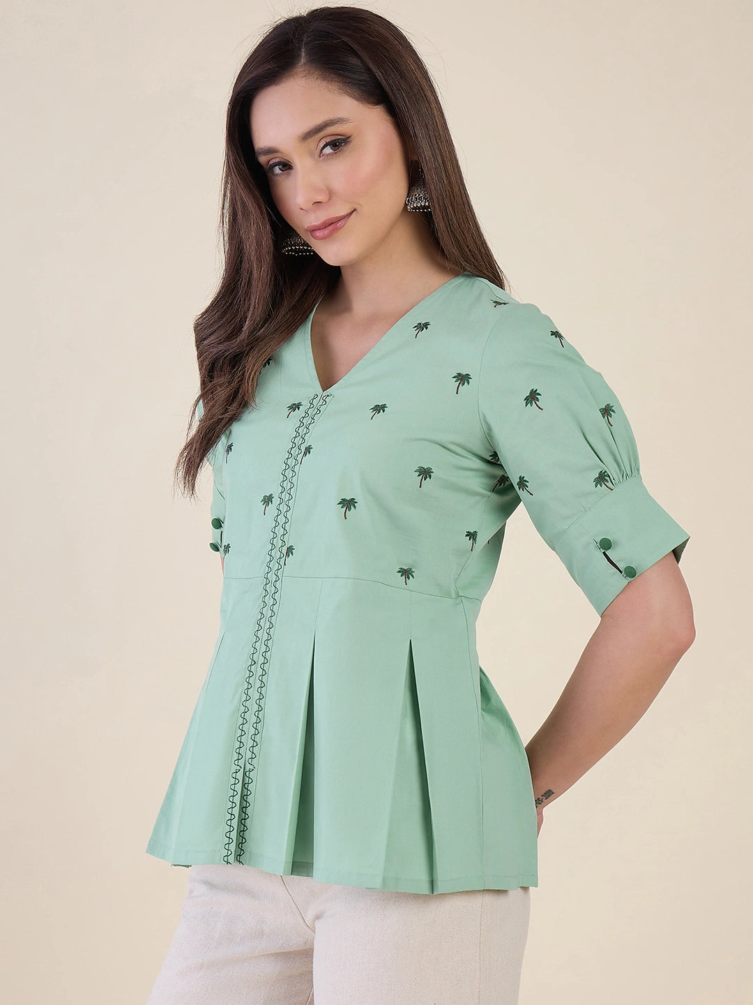 Women Mint Green Embroidered Peplum Top