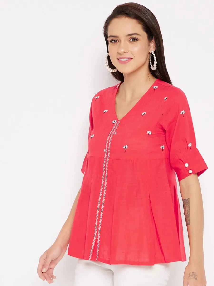 winered-red-a-line-cotton-embroidered-top