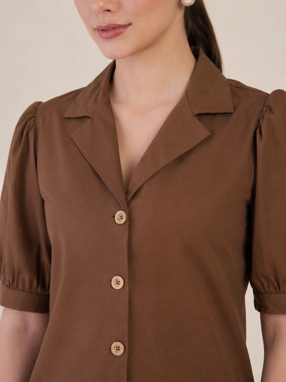 Women's Brown Solid Shirt Collar Puff Sleeve Button Front Regular Fit Casual Office Wear Top for Women