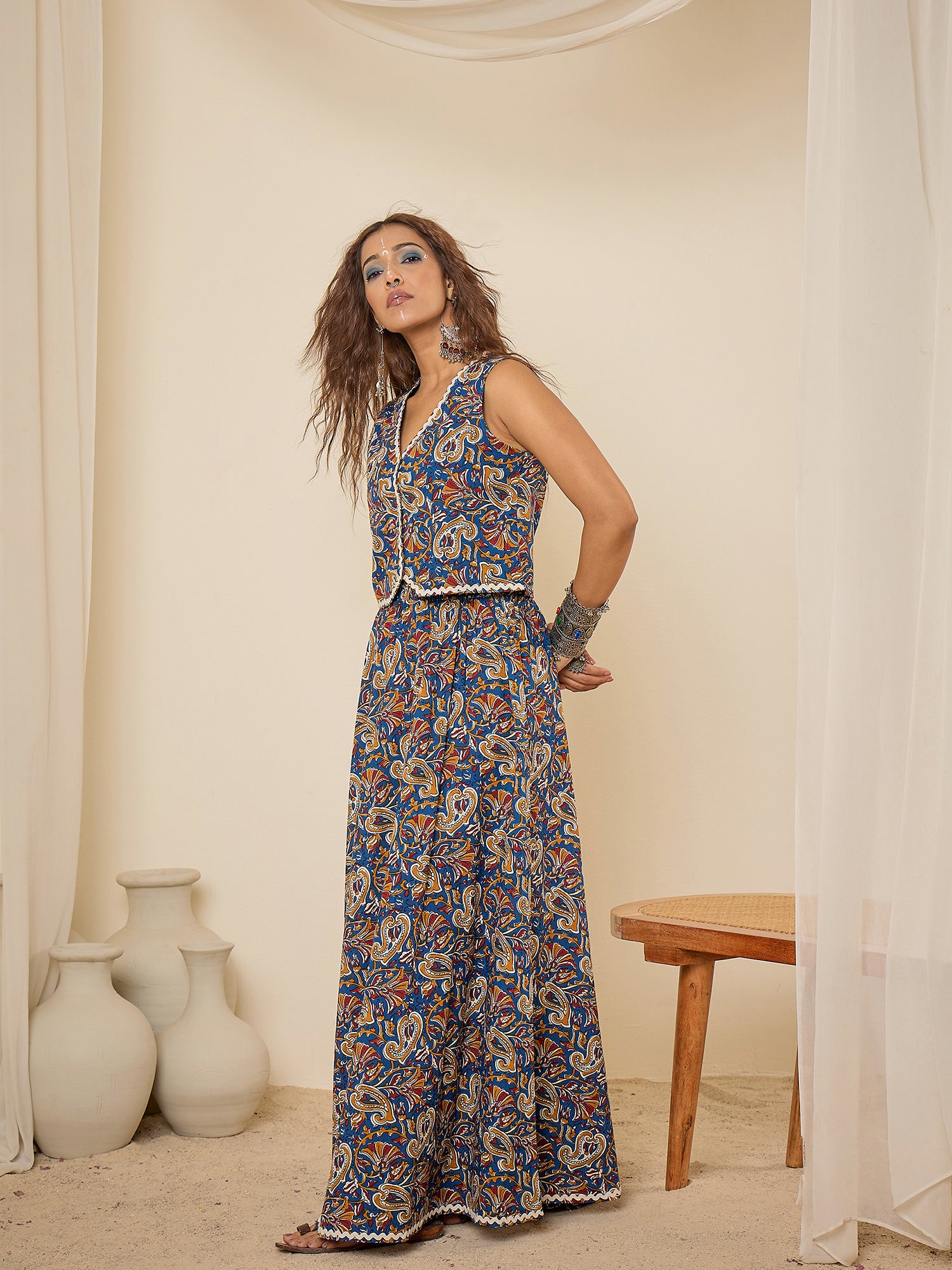 women-blue-cotton-lace-detailing-waistcoat-with-skirt-co-ord-set