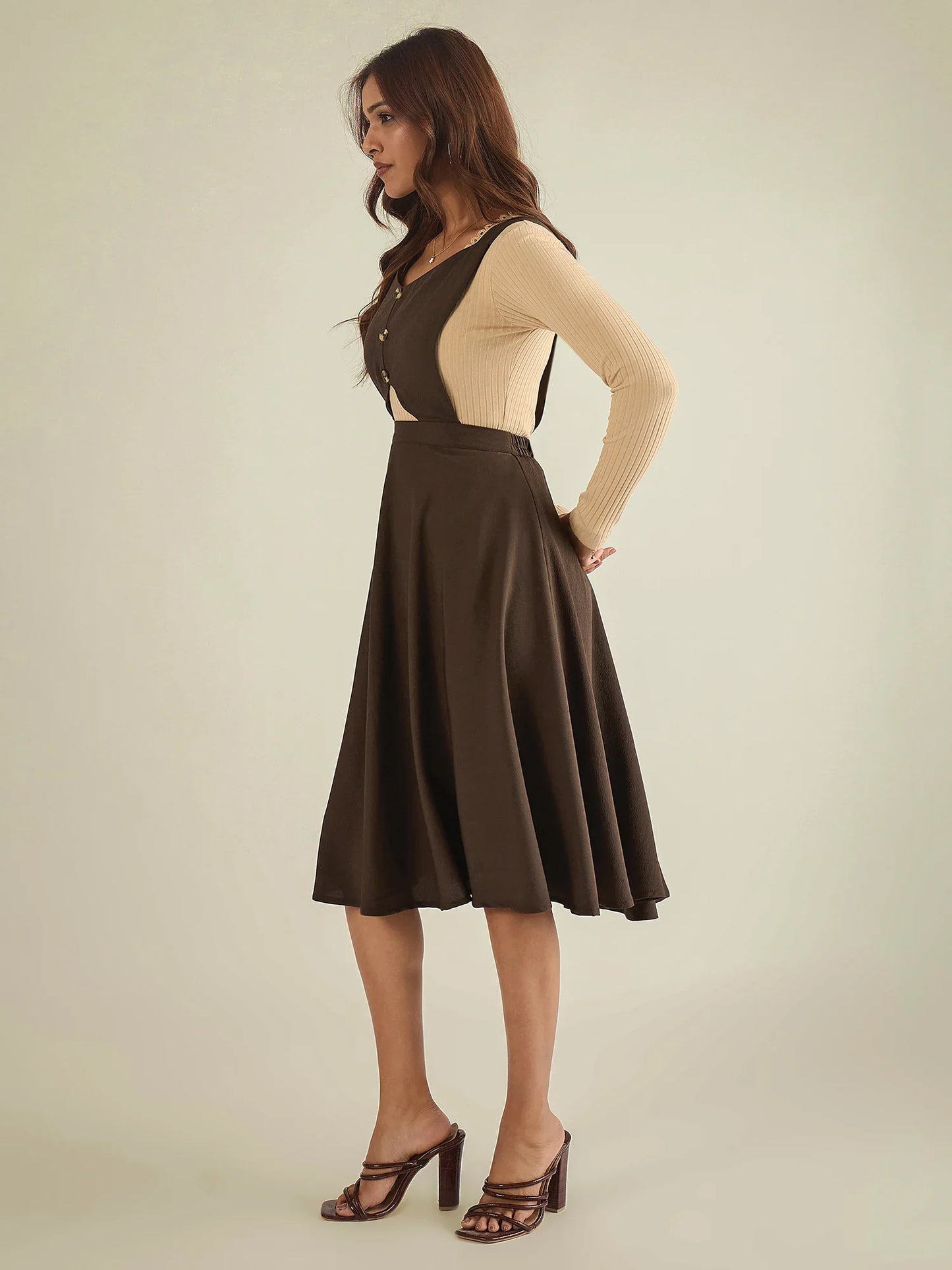 winered-women-brown-pinafore-flared-dress