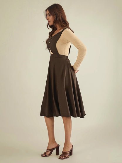 winered-women-brown-pinafore-flared-dress