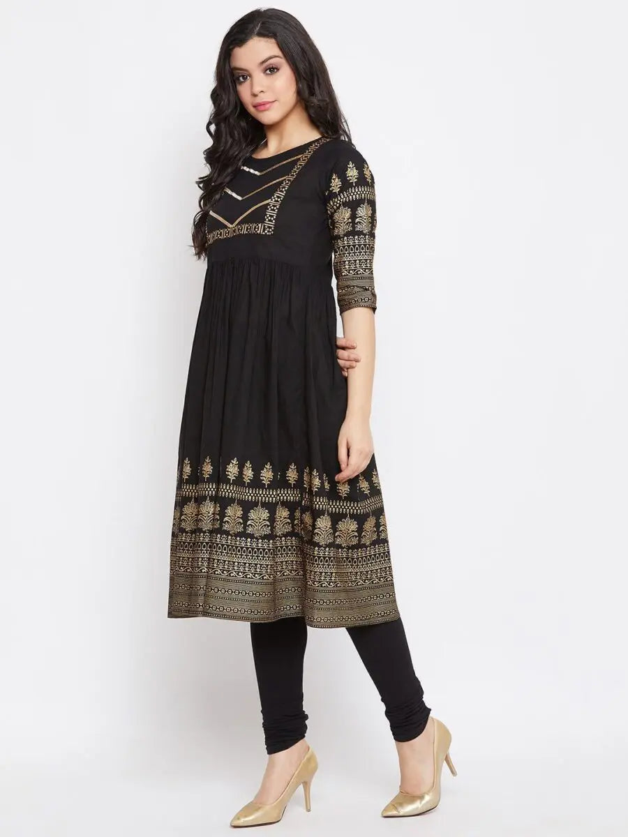 winered-black-flared-cotton-floral-print-kurta