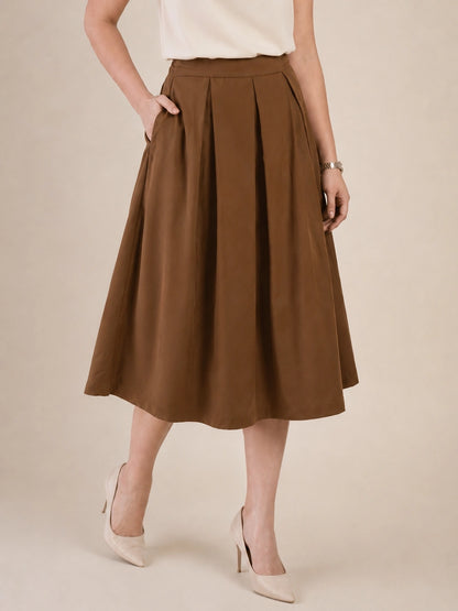 Women Brown Solid Pleated Flared Midi Skirt
