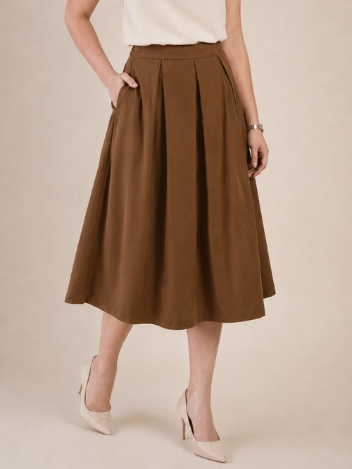 Women Brown Solid Pleated Flared Midi Skirt
