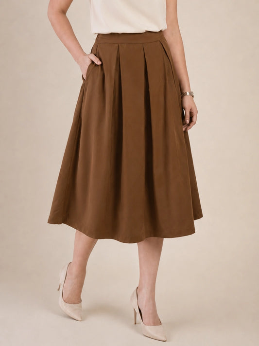 Women Brown Solid Pleated Flared Midi Skirt