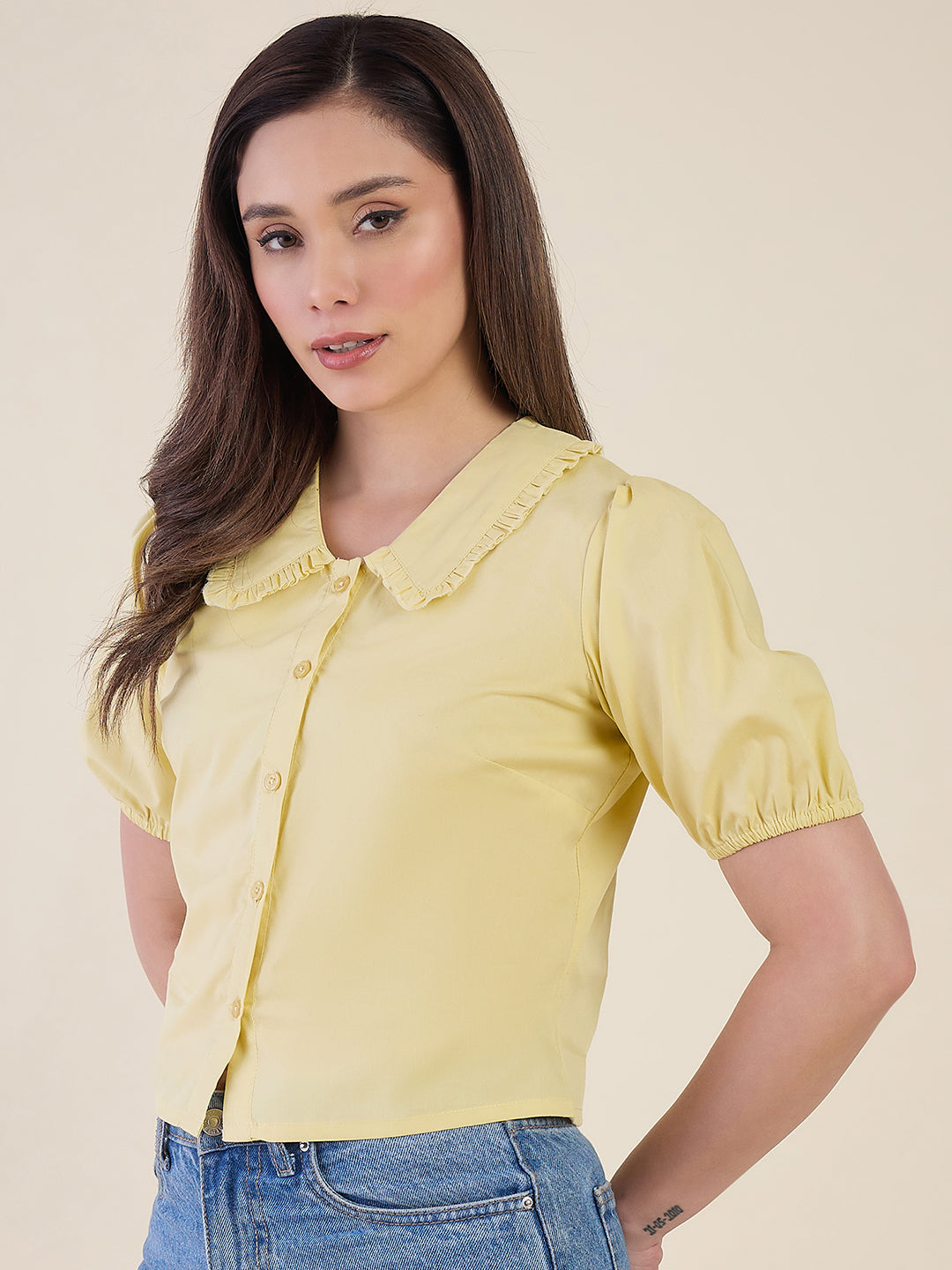Women Yellow Ruffle Collar Puff Sleeve Top