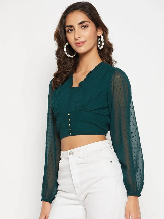 winered-green-cotton-tops-for-women-frill-neck-crop-top