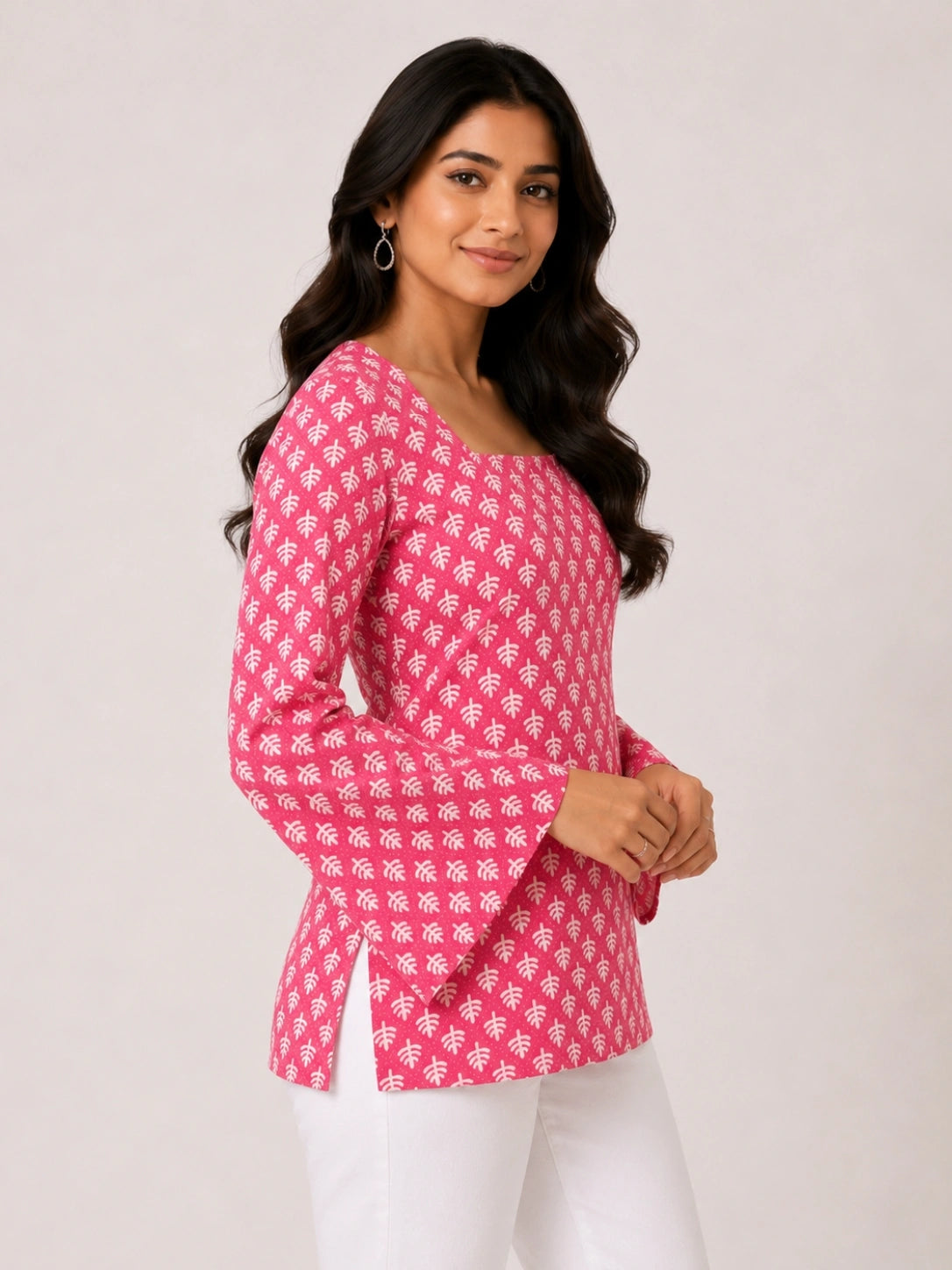 Women's Pink Printed Corset Style Kurti with Square Neck, Full Bell Sleeves and Adjustable Back Tie-Up for Casual Wear