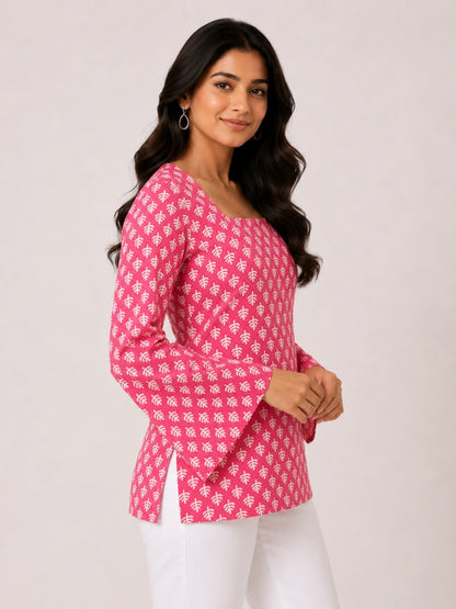 Women's Pink Printed Corset Style Kurti with Square Neck, Full Bell Sleeves and Adjustable Back Tie-Up for Casual Wear